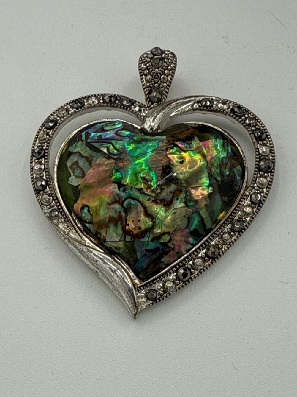 Vintage Silver Marcasite Abalone Shell Heart Statement Pendant